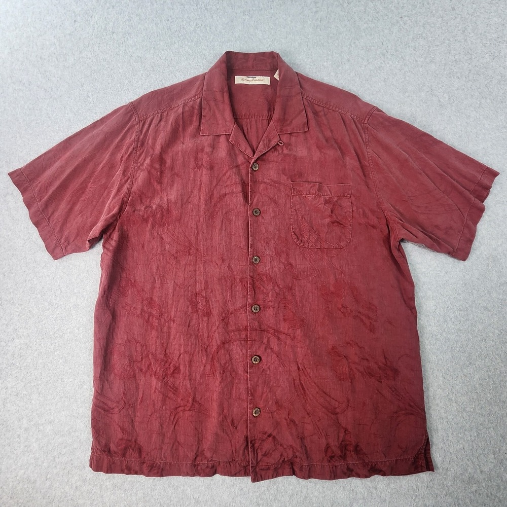 Tommy Bahama "Swirl It!" Silk Camp Shirt Mens Large Burgundy Distressed Pocket